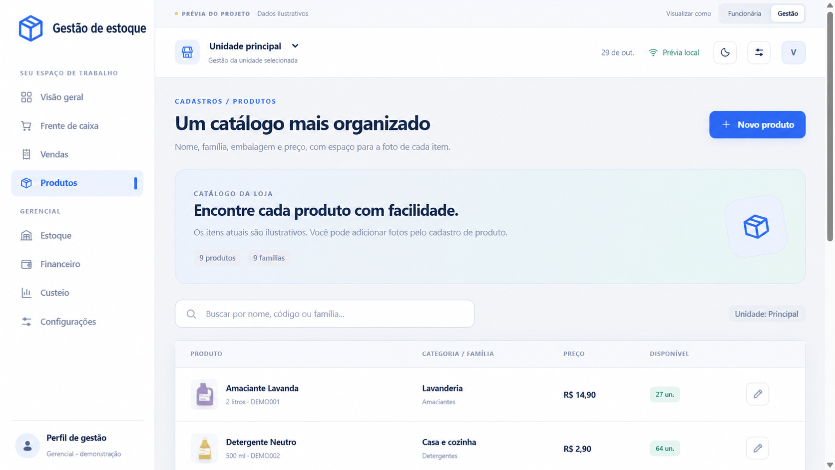 Tela demonstrativa de catálogo e estoque com busca, categorias, preços e quantidades disponíveis