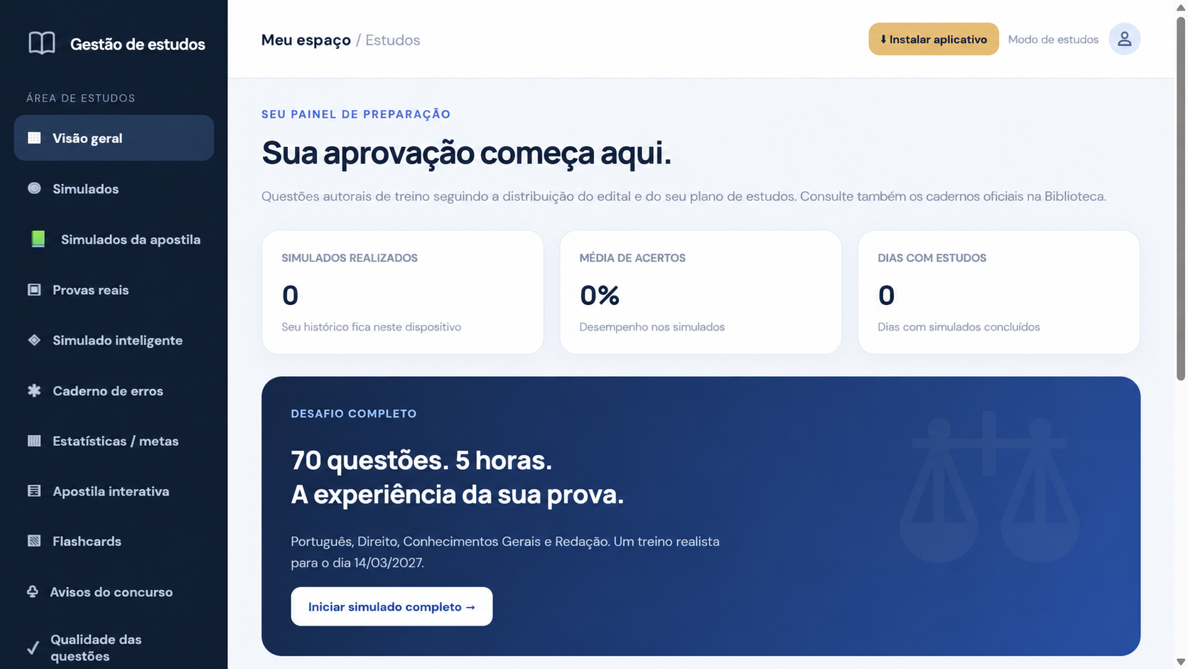 Interface demonstrativa de gestão de estudos com simulados, média de acertos, dias de estudo e acesso ao simulado completo