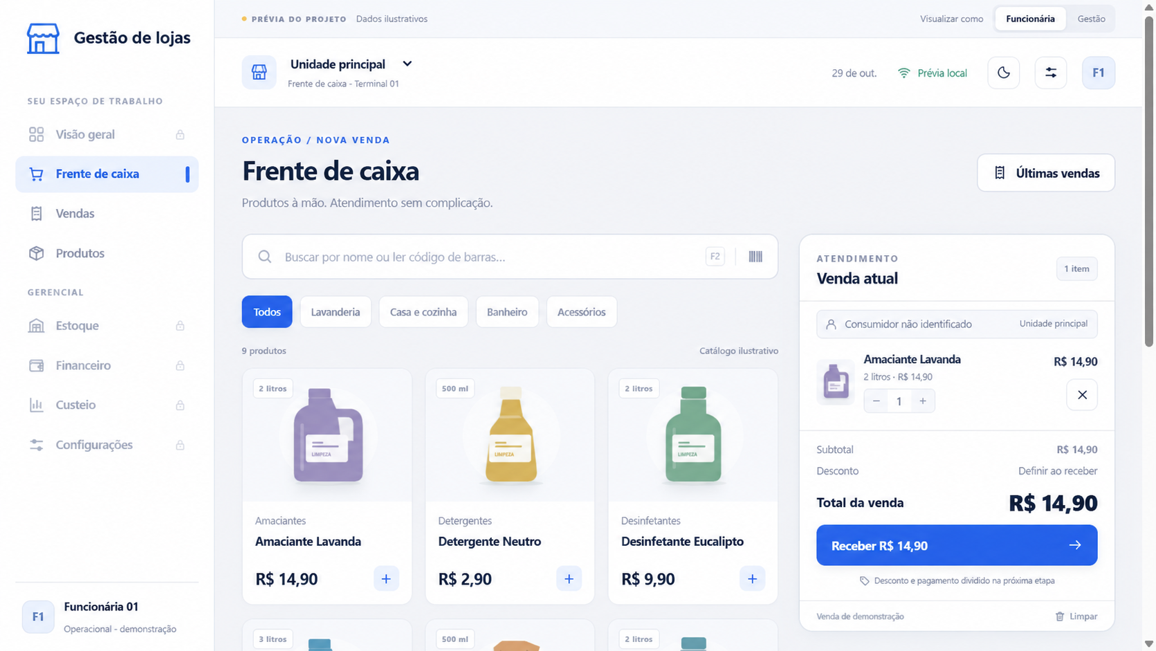 Interface demonstrativa do sistema de lojas com frente de caixa, catálogo de produtos e resumo da venda
